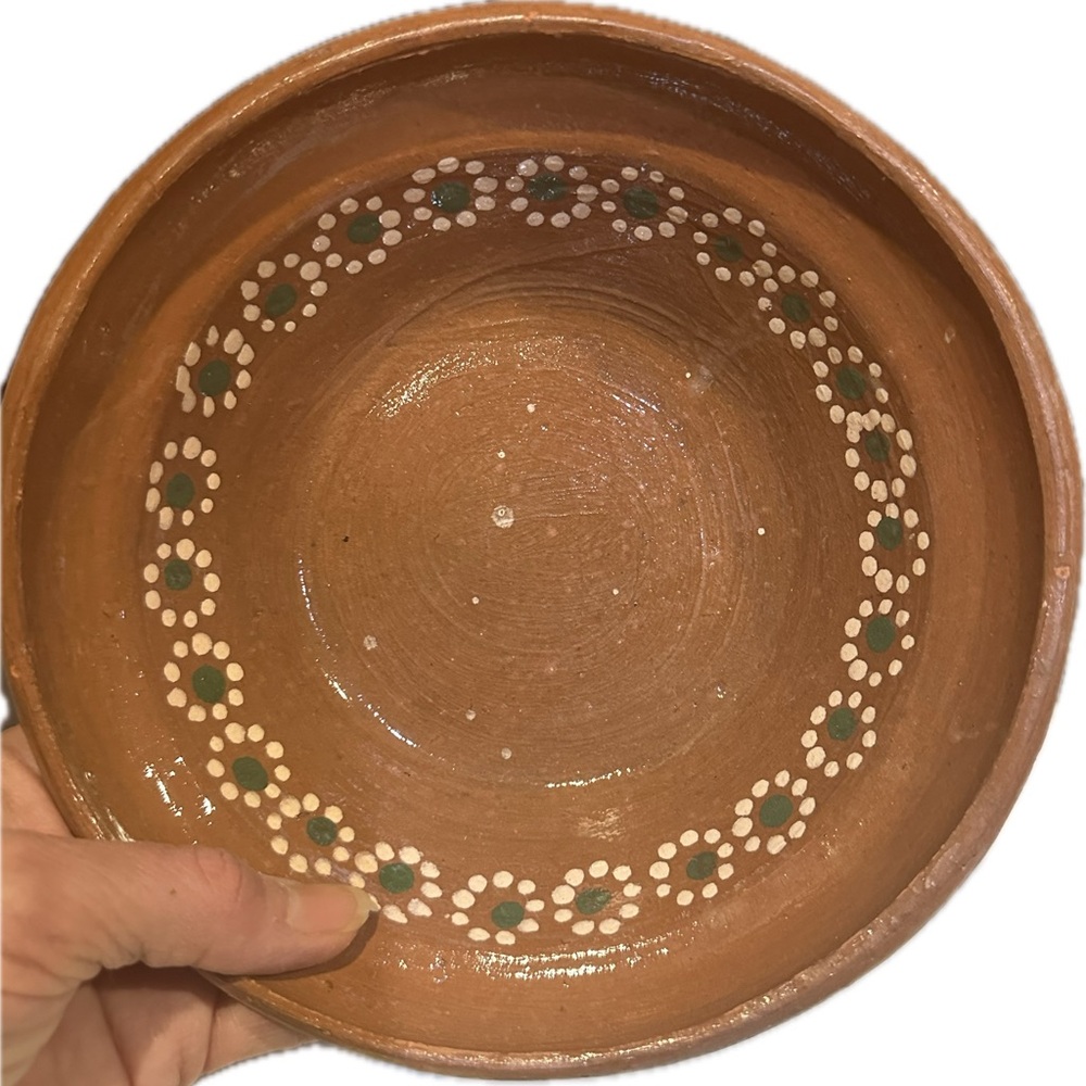VTG MEXICAN CLAY BOWL GREEN WHITE FLOWER ACCENTS SALSA CERAMIC POZOLE SOUP STEW